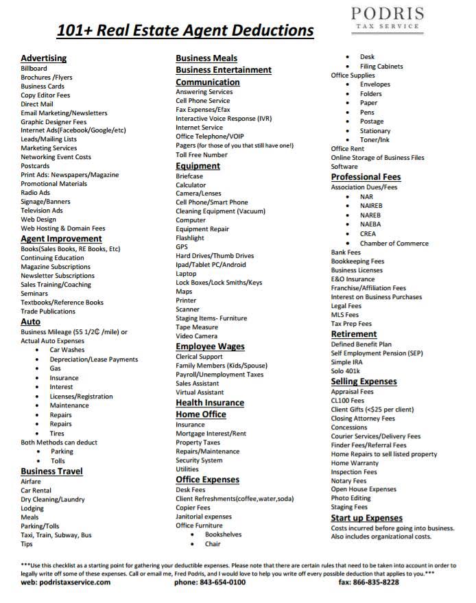 Printable Real Estate Agent Tax Deductions Worksheet